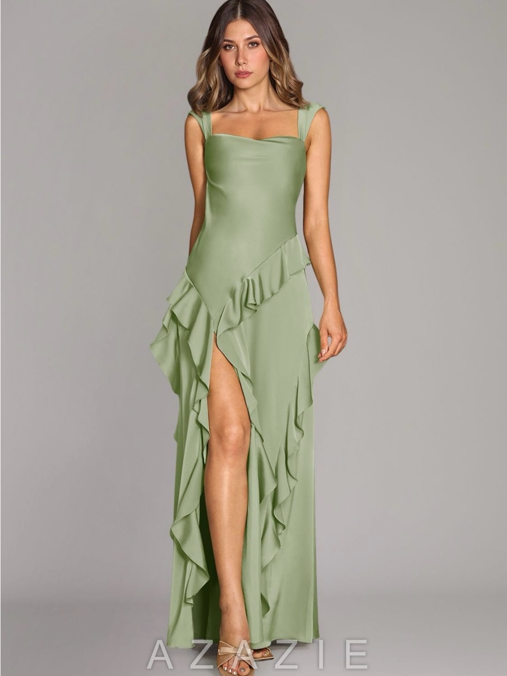 Azazie Sloane Dusty Sage Stretch Satin